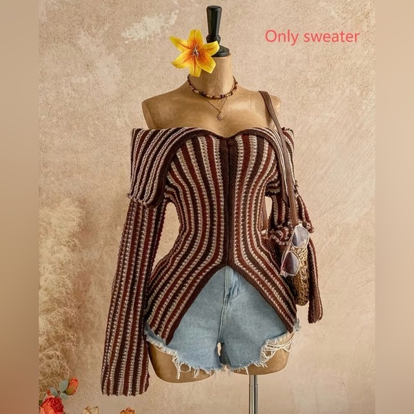 Striped Brown Off-Shoulder Sweater New Boutique - Picture 5 of 6